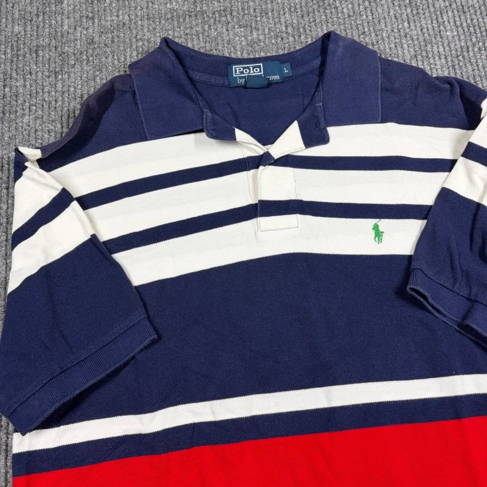 Polo Ralph Lauren Shirt Mens L Blue Red White Striped Short Sleeve Polo